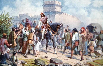 Karol IV pozdrawiający zwykłych ludzi podczas rozbudowy fortyfikacji Pragi w 1361 r., pocztówka z początku XX w. (litografia kolorowa)