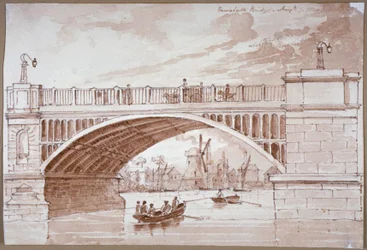 Widok małej łodzi przepływającej pod Vauxhall Bridge, Londyn, 1820.