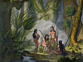 Członkowie plemienia Camacani w lesie amazońskiej dżungli w Brazylii, z „Le Costume Ancien et Moderne”, tom I, tablica 53, autorstwa Julesa Ferraria, opublikowane ok. lat 1820-30