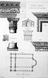 Plan i detale architektoniczne Imbrohor Dzamissi, kościoła św. Jana Chrzciciela, z „Architektury kościelnej Konstantynopola”, wyd. Lehmanna i Wentzela z Wiednia, ok. 1870-80 (lito)