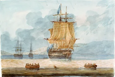Brytyjski okręt wojenny i inne statki na kotwicowisku, z łodziami okrętowymi na pierwszym planie, ok. 1798-1805 (akwarela)