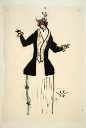 Projekt kurtki i kamizelki, płyta 2, księga 4, ilustracja z „Wiener Werkstatte Mode 191415”, wyd. Eduard Kosmack, Wiedeń, 1914-1915 (linoryt ręcznie kolorowany)