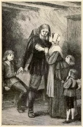 Christian zwierza się swojej żonie z The Pilgrims Progress From This World, To That What Is To Come autorstwa Johna Bunyana (1628-1688) ilustracja Thomasa Dalziela (1823-1906) Christian z ciężkim ciężarem