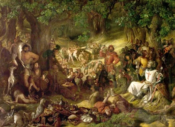 Robin Hood i jego wesołe ludzie zabawiają Ryszarda Lwie Serce w lesie Sherwood