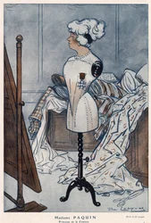 Madame Jeanne Paquin (1869-1936), francuska couturiere, reprezentowana przez zdobyty właśnie krzyż Legii Honorowej - ilustracja Daniela De Losques (Henri Casimir Paul Thouroude dit) (1880-1915) w „Fantasio” z 1913 r