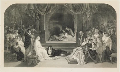 A Cena da Peça, Ato III, Cena II de Hamlet de William Shakespeare, gravada por Charles W. Sharpe (litho)polonês
