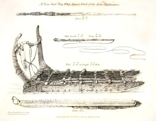 Kościany zaprzęg, psi bicz, włócznia i nóż arktycznych górali, ilustracja z „Podróży odkrywczej...”, 1819