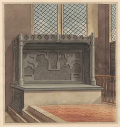 Grób Thomasa Windsora, 1486, z mosiężnymi płytami usuniętymi z kościoła Stanwell