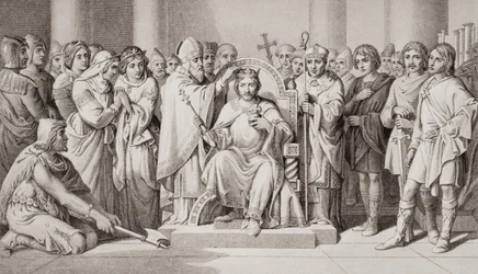 Koronacja Harolda II (ok. 1022-66), króla Anglosasów w 1066 roku n.e., z „Ilustracji historii Anglii i Szkocji”, tom I