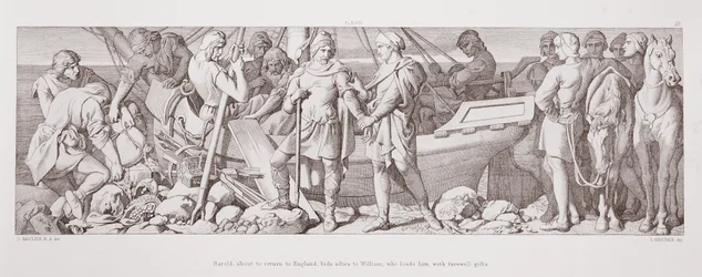 Harold, wracający do Anglii, żegna się z Wilhelmem, który obdarowuje go pożegnalnymi prezentami, z "Historii podboju normańskiego", ryc. L. Gruner, 1866 r.