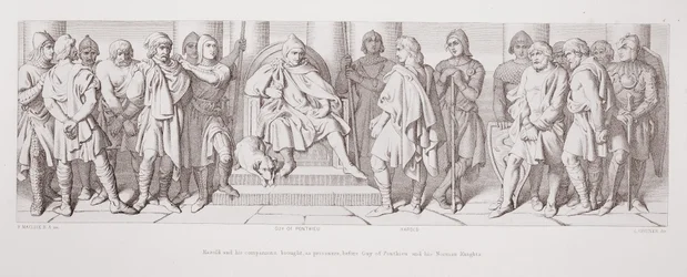 Harold i jego towarzysze przynieśli jako więźniowie przed Guya z Ponthieu i jego normańskich rycerzy z „Historii podboju normańskiego”, rytowanej przez L. Grunera, 1866