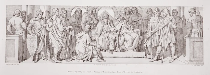 Harold, wyruszający z wizytą do Wilhelma z Normandii, opuszcza Edwarda Wyznawcę, z 