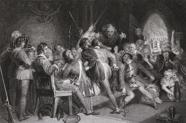 Hall of Glennaquoich – góralska uczta, grawerowana przez P. Lightfoota, z „Waverly” Sir Waltera Scotta (1771-1832)