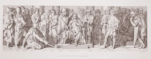 Koronacja Harolda na króla Anglii, z „Opowieści o podboju normańskim”, rytował L. Gruner, 1866