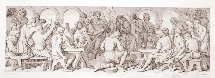 William nadaje Haroldowi godność normańskiego rycerza, z „Historii podboju normańskiego”, rytego przez L. Grunera, 1866