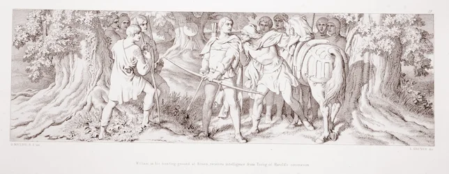 Wilhelm w swoich dobrach łowieckich pod Rouen otrzymuje od Tostiga wiadomość o koronacji Harolda, z „Opowieści o podboju normańskim”, rytował L. Gruner, 1866