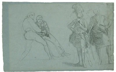 Studium Oblężenia Gibraltaru (Studium podpułkownika Lindsaya i Figury ciągnące linę), ok. 1930 r. 1786-1787 (grafit i kreda czarno-biała na szaro-niebieskim papierze)
