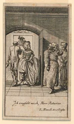 Para w podeszłym wieku wyniośle kończąca wizytę, ilustracja do sztuki „Nie więcej niż sachs Schuesseln” Fredricha Wilhelma Grossmana w „Königl: Grosbrit [nische] kalendarz genealogiczny na 1782 rok Lauenberg autorstwa J.G. Berenberga”