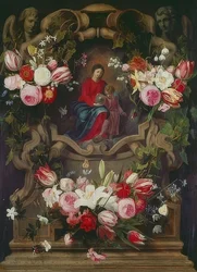 Wianek z kwiatów z Madonną z Dzieciątkiem