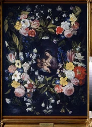 Wianek z kwiatów z Madonną z Dzieciątkiem (Wianek kwiatowy z Madonną z Dzieciątkiem). Obraz Daniela Seghersa (1590-1661). Olej na płótnie, 82 x 64 cm. Sztuka flamandzka, sztuka barokowa. Państwowe Muzeum Sztuki, Tula (lub Tolan).