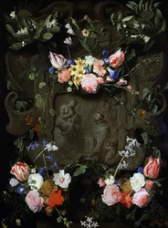 Marmurowa nisza ozdobiona kwiatami i zawierająca przedstawienie adoracji dziewicy. Obraz namalowany przez Daniela Seghersa (1590-1661) Kolekcja prywatna.