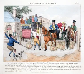 The Insolence of Office, ilustracja z „Fashionable Bores or Coolers in High Life” Petera Quiza, wyd. Thomas McLean, Londyn 1824 (ręcznie barwiony grawerunek)