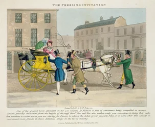 Zaproszenie do tłoczni, z książki "Fashionable Bores, or Coolers in High Life, by Peter Quiz", wydanej w 1824 r. (akwatinta ręcznie kolorowana)
