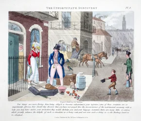 The Unfortunate Discovery, ilustracja z „Fashionable Bores or Coolers in High Life” Petera Quiza, wyd. Thomas McLean, Londyn 1824 (ręcznie barwiony grawerunek)