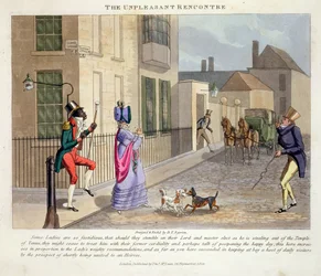The Unpleasant Rencontre, z książki „Fashionable Bores or Coolers in High Life” Petera Quiza, opublikowanej w 1824 r. (akwatinta ręcznie kolorowana)