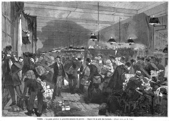 Wnętrze paryskiego urzędu pocztowego w pierwszym tygodniu stycznia, sala listonoszy, rytowane przez Fortune Louis Meaulle (1844-1901)