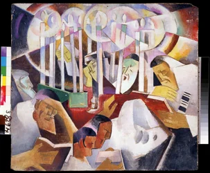 Velas e silhuetas - Pintura de Vladimir Davidovich Baranov Rossine (Baranov-Rossine) (Wladimir Daniel Baranoff Rossine (Baranoff-Rossine) (1888-1944) - Óleo sobre tela, 68 x 76 cm - Arte Russa, vanguarda - State Open Air Mupolish