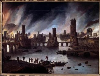 Widok na ogień Troi Obraz Daniela van Heila (1604-1662) Besancon z XVII wieku. Musee Des Beaux Arts - Widok płonącej Troi. Obraz Daniela van Heila (1604-1662)