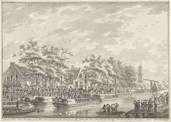 Przybycie Amsterdamczyków do Utrechtu, 1787 Widok Przybycia Obywateli Amsterdamu W Utregt W De Rooy Brug. Po Den Dom do zobaczenia. 1787. (tytuł na obiekcie)