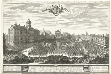 Uzbrojeni bandyci na placu Dam podczas targów w Amsterdamie, 1686 Targi Amsterdamskie przedstawiające Burgery in the Weapons, sig Przedstawienie aaen de Groot Agtb: Heeren Burgermeesteren (tytuł na obiekcie) Foire d