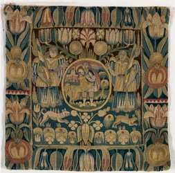 Gobelinowa poszewka na poduszkę przedstawiającą Samsona zabijającego lwa, wykonana w Szlezwiku-Holsztynie w Danii, ok. 1615 r. (wełna)