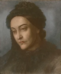 Portret Christiny Rossetti, głowa i ramiona, zwrócone w trzech czwartych w lewo, 1877