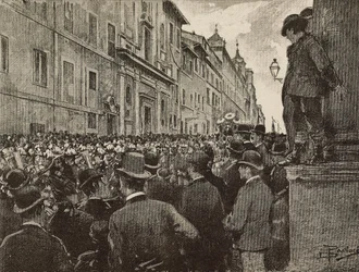Pogrzeb Agostino Bertaniego (1812-1886), włoski patriota i polityk, Rzym, Włochy, rysunek: Dante Paolocci, rycina z L