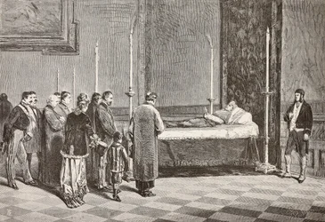 Ciało kardynała Giacomo Antonelliego leżące w stanie w jednym z pomieszczeń Watykanu, rycina z rysunku Dantego Paolocciego z L