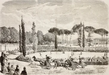 Wyścigi rydwanów w Villa Borghese w Rzymie, Włochy, rycina na podstawie rysunku Dantego Paolocciego z L