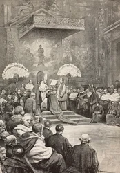 Konsystorz 13 listopada, papież Leon XIII, gdzie mianował nowych kardynałów, Watykan, rycina na podstawie rysunku Dantego Paolocciego, z L