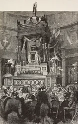 Włoscy politycy i oficerowie uczestniczący w ceremonii pogrzebowej Wiktora Emanuela II (1820-1878), króla Włoch, Rzym, Włochy, rycina z rysunku Dantego Paolocciego, z L