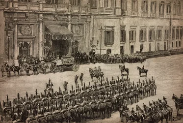 Otwarcie parlamentu, przyjazd króla Umberto I do Montecitorio, Rzym, Włochy, rycina na podstawie rysunku Dantego Paolocciego, L