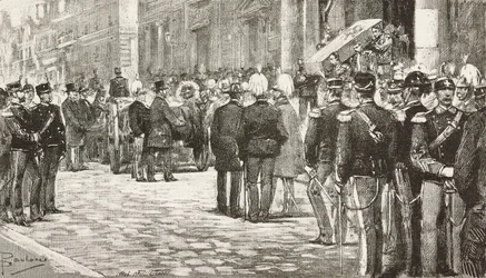 Politycy i oficerowie uczestniczący w procesji pogrzebowej Luigiego Mezzacapo (1814-1885), włoskiego polityka i oficera, Rzym, Włochy, rycina z rysunku Dantego Paolocciego, z L