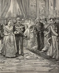 Umberto I i Małgorzata Sabaudii na koncercie z okazji ich srebrnego ślubu, Palazzo del Quirinale, Rzym, Włochy, rycina według rysunku Dantego Paolocciego, z L