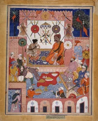 Misbah the Grocer przynosi szpiega Parrana do swojego domu, Folio z Hamzanamy..., ca. 1570.