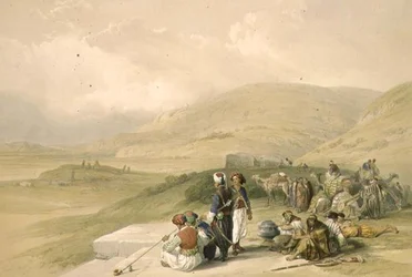 Studnia Jakubowa w Sychem, 17 kwietnia 1839, tablica 40 z tomu I Ziemi Świętej, sztychowana przez Louisa Haghe (1806-1885) wyd. 1842 (lito)
