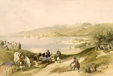 Sydon w kierunku Libanu, tablica 75 z tomu II "Ziemi Świętej", sztychowana przez Louisa Haghe (1806-85) wyd. 1843 (lito)