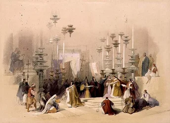 Kamień Namaszczenia, Bazylika Grobu Świętego, 30 marca 1839, tablica 19 z tomu I "Ziemia Święta", ryty Louis Haghe (1806-1885) wyd. 1842 (lito)