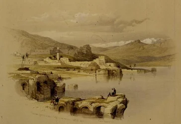Tyberiada z murów, Saffet w oddali, 22 kwietnia 1839, tablica 37 z tomu I „Ziemia Święta”, sztychowana przez Louisa Haghe (1806-1885) wyd. 1842 (lito)