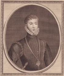 Portret Henry Stuart, Lord Darnley (1545-1567), King Consort of Scotland, miedzioryt Johna Goldara (1729-1795) z obrazu Lucasa de Heere